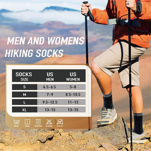 Merino Wool Hiking Crew Socks For Men And Women, size chart and hiker on mountain terrain.