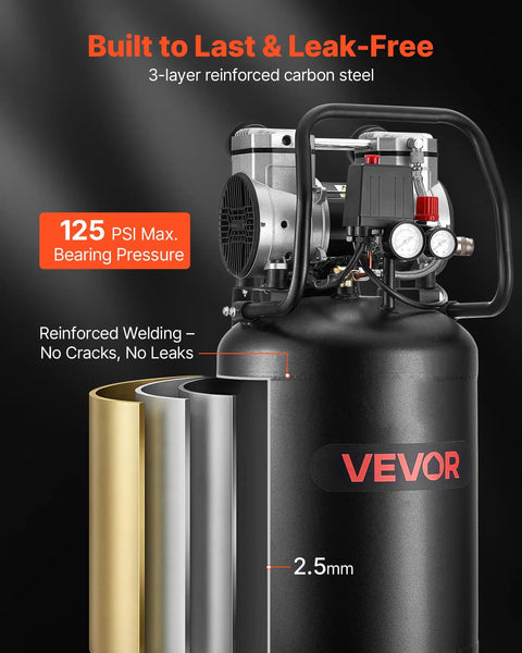 Vevor 14 Gallon Air Compressor, 2HP Oil-Free Portable Unit With Wheels. Boasts 125PSI Max Pressure And 4.3 SCFM Flow Rate. Perfect For Auto Repair, Tire Inflation, Spray Painting, Woodworking, And Home Garage Projects. Durable Design For Steady Power