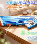 Electric Water Gun for Pool with Type C Charging Fast Fill Water Beast Mode Automatic Squirt Blaster for Long Range Battles High Powered Auto Water Blaster Pool Toy Blue on table with charging cable