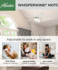 52 Inch White Indoor Ceiling Fan With LED Light And Pull Chain, Standard Mount, in living room setting, 5 blades visible