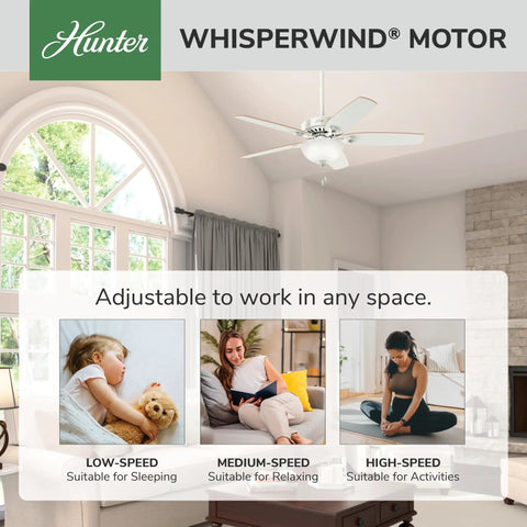 52 Inch White Indoor Ceiling Fan With LED Light And Pull Chain, Standard Mount, in living room setting, 5 blades visible