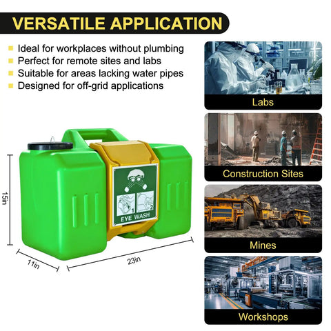 Portable Eye Wash Station With Wall Mount OSHA Approved Emergency Eye Wash Unit Includes Sign And Two Inspection Tags First Aid Units For Workplace Safety Job Site Ready 9 Gallon Bright Green showing dimensions and use cases.