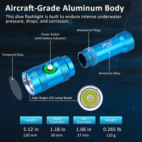Ultra Bright Scuba Diving Light With 3 Modes And Power Indicator IP68 Waterproof Rechargeable Underwater Torch body details.