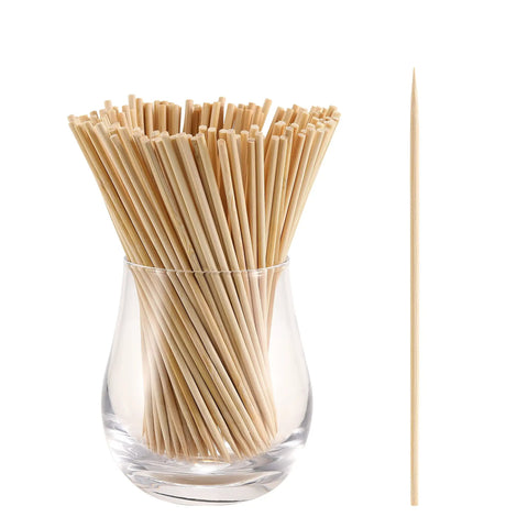 Bamboo Skewers 6 Inch 200 Pack For Appetizers, displayed in a clear glass holder
