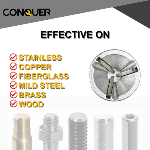 Conquer HSS deburring chamfer tool with quick-release 1/4 in hex shank; for stainless steel, copper, aluminum & PVC.