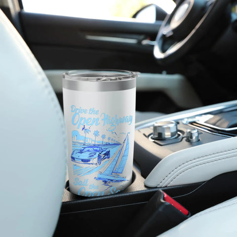 Road Trip Vibes Stainless Steel Insulated Tumbler With Open Highway Car And Open Sea Sail Design in car cup holder