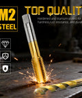 Pro Grade 1/4-20 UNC Tap And Number Seven Drill Bit Set showcasing M2 steel and titanium plating, used on metal surface with sparks