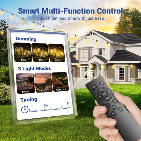 100 Ft LED Outdoor String Lights With Remote Control, dimming modes and timing options visible, house backdrop, hand holding remote