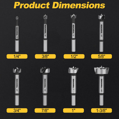 Top Shelf Forstner Bit Set 8 Piece Heavy Duty Woodworking Drill Bits For Clean Flat Bottom Holes showing size options from 1/4" to 1-3/8".