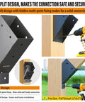 8-Pack 45 Degree Angle Support Bracket For 4x6 Pergolas Gazebos Decks Porches And Cabins Frosted Black Finish Stainless Steel Construction With 201 Body And 304 Screws Waterproof Rustproof Corrosion-Resistant installed on a wooden post with a drill.