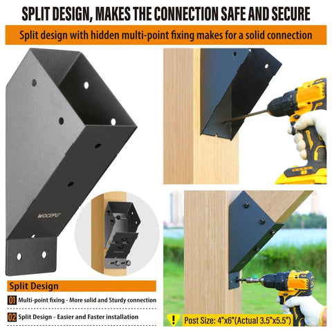 8-Pack 45 Degree Angle Support Bracket For 4x6 Pergolas Gazebos Decks Porches And Cabins Frosted Black Finish Stainless Steel Construction With 201 Body And 304 Screws Waterproof Rustproof Corrosion-Resistant installed on a wooden post with a drill.
