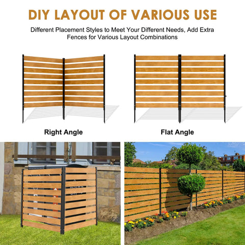 Wood Outdoor Privacy Fence Screen for AC, Trash Can Enclosure and Pool Gear in various setup layouts.