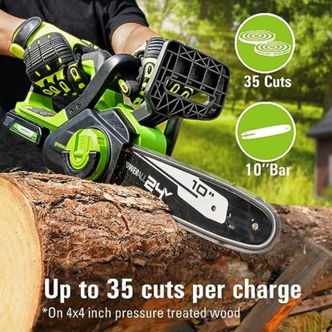 Powerful 24 Volts Cordless Chainsaw Using 10 Inch Low Recoil Bar For Storm Cleanup Branch Trimming And Firewood Processing Fast Badass Cutting Power Heavy Duty Tools Only cutting into log with 10 inch bar.