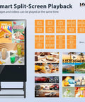 Front view of 32 Inch Digital Signage Display Portable LCD Kiosk for Advertising Posters Android Kiosk with Auto Media Player HDMI USB IPS Full HD screen showcasing multiple images.
