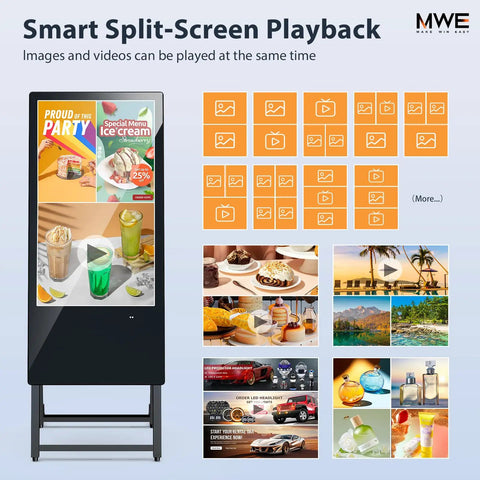 Front view of 32 Inch Digital Signage Display Portable LCD Kiosk for Advertising Posters Android Kiosk with Auto Media Player HDMI USB IPS Full HD screen showcasing multiple images.