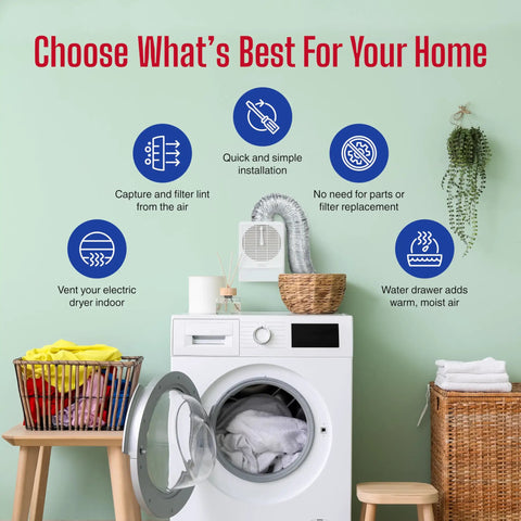 Open electric dryer with Must Have Indoor Dryer Lint Trap Filter With Stainless Steel Screen And Water Drawer System displayed in laundry room.