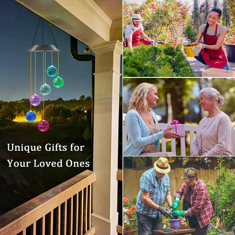Solar Disco Ball Garden Light With Color Changing LEDs For Outdoor Patio Decor hanging as a unique gift in garden settings.