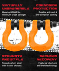 Uber Shackle Set With Anti Theft Lock For Off Road Recovery And Towing 80000 Lb Strength Connect Tow Straps Or Winch Lines D Rings And Uber Lock Security Pin Orange 2 Pack on black background showing corrosion protection and strength features.
