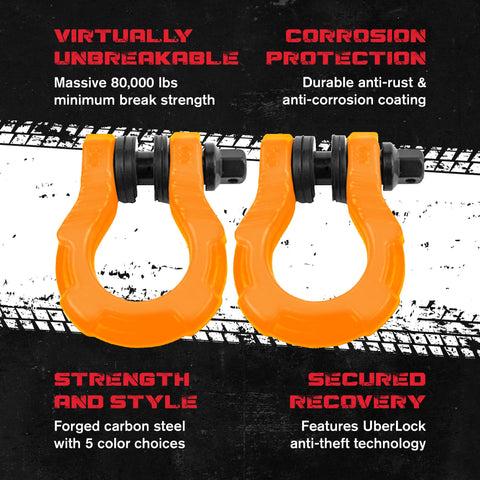 Uber Shackle Set With Anti Theft Lock For Off Road Recovery And Towing 80000 Lb Strength Connect Tow Straps Or Winch Lines D Rings And Uber Lock Security Pin Orange 2 Pack on black background showing corrosion protection and strength features.