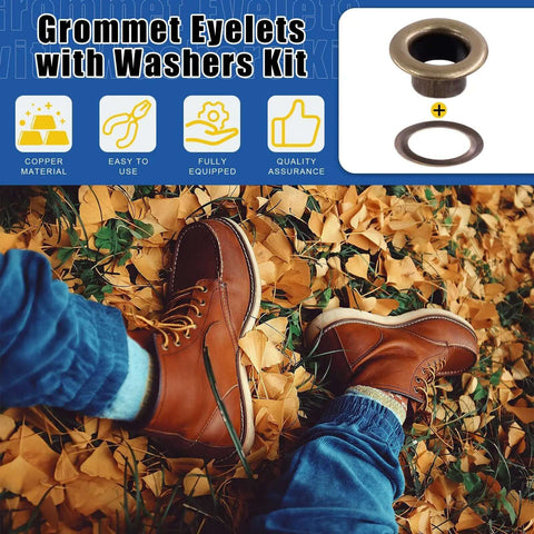 200 Pcs 6mm Bronze Grommet Eyelets With Washers Kit For Fabric Canvas Curtain Clothing And Leather Repair, shown with boots on leaves.