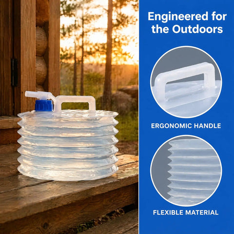 Leakproof Spigot Collapsible Water Container With Handle Accordion Foldable Jug for Camping shown with ergonomic handle and material
