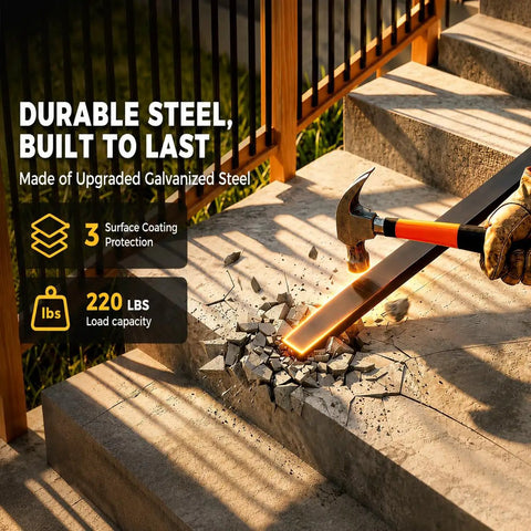 Rock Solid Black Aluminum Balusters 50 Pack 32 25 Inch Rust Proof Deck Spindles with Screws and Spacing Jig, hammer hitting sturdy steel.