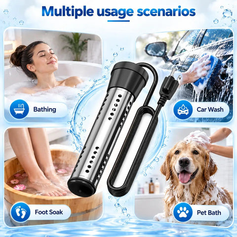 Portable Water Heater For Buckets And Tubs Featuring A Beefy 2000 Watt Immersion Design, showing multiple usage scenarios like bathing and pet washing.