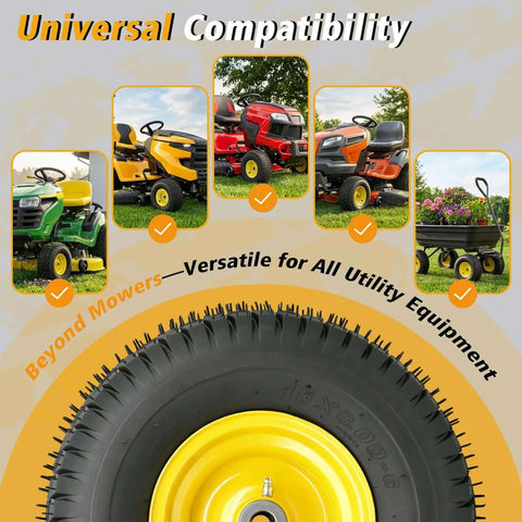 Nuphtun 15x6.00-6 Lawn Mower Tire And Wheel Assembly With Yellow Hubs, Perfect Pre-Mounted Upgrade Kit For Easy Push Mowers Featuring Iron Bushings And Secure Bearings, yellow wheel on mower