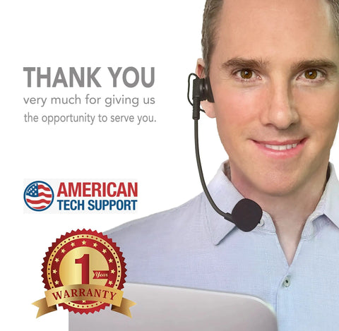 Customer service representative with headset offering support and one-year warranty information for American Tech Support.