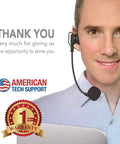 Man with headset holding laptop, American Tech Support logo, 1-year warranty badge, thank you message displayed.