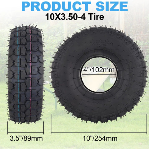 Beefy Heavy Duty 4.10/3.50-4 Tire And Inner Tube Set With Bent Valve Stem, showing product size and tread details.