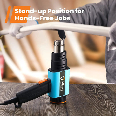 1800W Heavy Duty Heat Gun with Stepless Temperature Control, shown in stand-up position for hands-free use on a metal rod.