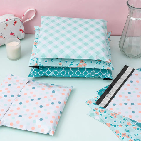 Thick Self Adhesive Poly Mailers 10 By 13 Inches 40 Pack with Flower Design and Spring Dot Plaid Pattern for Small Business Shipping