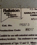 Label on Used PB37-3 Industrial Control Panel Enclosure showing catalog and production codes.