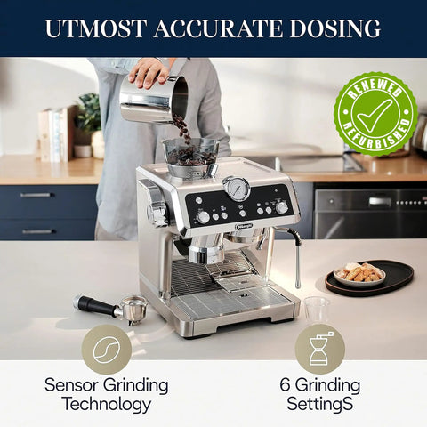 Level Up Your Brew Game With This Certified Renewed Barista Espresso Machine Featuring An Integrated Burr Grinder And Smart Tamping Station For Kickin Daily Shots That Hit Different pouring coffee beans into grinder.