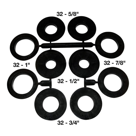 Set of five arbor adapters for Crimped Wire Bench Wheel Brush 10 Inch With 1 Inch Bore And 1.25 Inch Arbor, various sizes shown