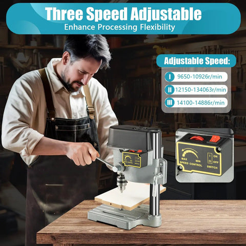 Man using Versatile Benchtop Drill Press With 3 Speed Settings 110V Low Noise Electric Drill Stand For DIY Projects and Home Shop