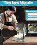 Rock Solid Heavy Duty Benchtop Drill Press Packing A Mighty 340W Motor And Three Adjustable Speeds For Pinpoint Wood And Metal Drilling Durable Cast Iron Tabletop Machine Built To Crush Projects In Your Weekend Garage with adjustable speed settings in a workshop.