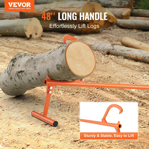Timberjack Log Lifter With Adjustable Cant Hook lifting a log up to 15 inches in diameter on a field, showing 48-inch handle.