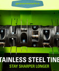 Close-up of stainless steel tines on 10 Amp 14 Inch Corded Electric Dethatcher for healthier lawn maintenance.