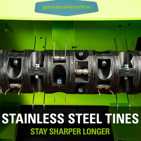 Close-up of stainless steel tines on 10 Amp 14 Inch Corded Electric Dethatcher for healthier lawn maintenance.