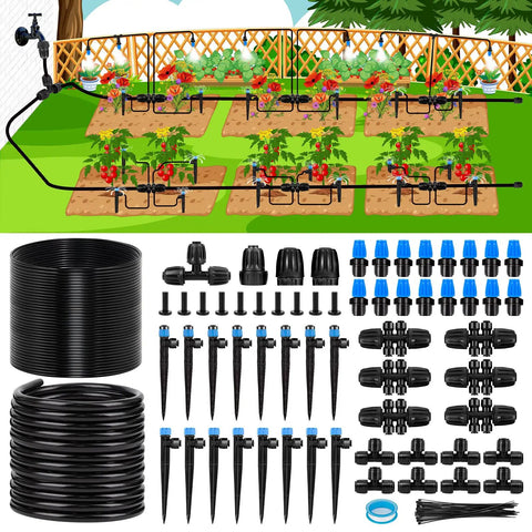 230 Feet Quick Connect Drip Irrigation System Kit For Garden Greenhouse Yard And Lawn with hoses and connectors on display