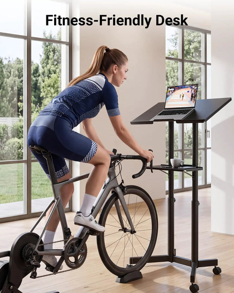 On Wheels Portable Standing Laptop Desk With Height Adjustable Sit Stand 0 To 40 Degree Tilt Rolling Cart With Storage Tray