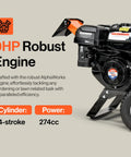Close-up of 9HP engine on 4-Inch Wood Chipper Shredder Mulcher with text highlighting robust engine specifications.