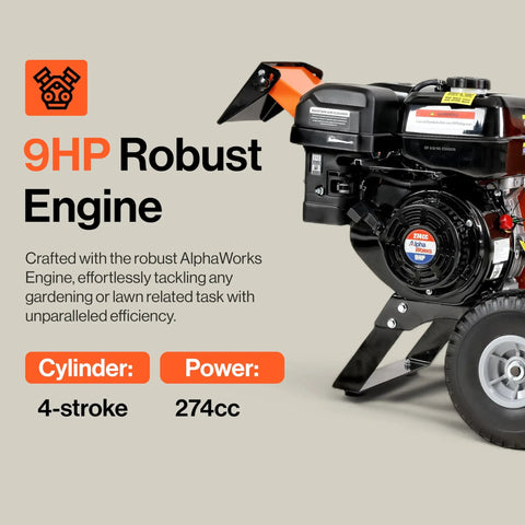 Close-up of 9HP engine on 4-Inch Wood Chipper Shredder Mulcher with text highlighting robust engine specifications.