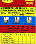 Packaging front of 12 Pc Pro Grade Adjustable Wood Countersink Drill Bit Kit With Parabolic Flute And Tapered Bits, 9 64 Inch For Number Six Screws.