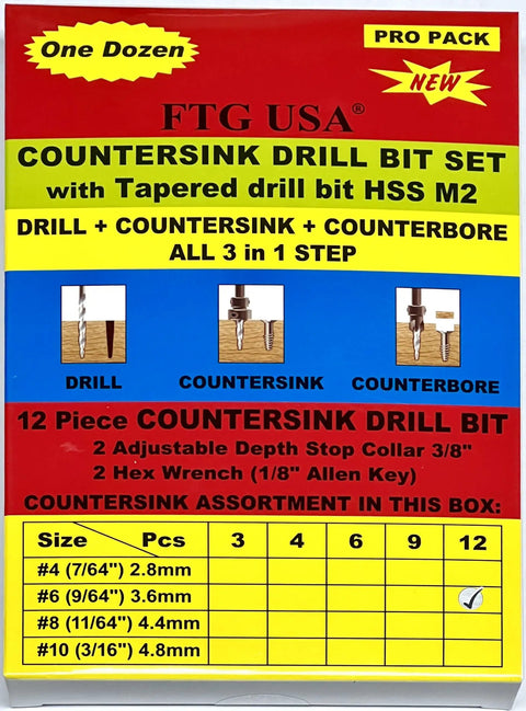 Packaging front of 12 Pc Pro Grade Adjustable Wood Countersink Drill Bit Kit With Parabolic Flute And Tapered Bits, 9 64 Inch For Number Six Screws.