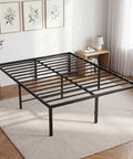 Sleek Queen Platform Bed Frame, 16 Inch High Heavy Duty Sleep Base With Zero Squeak Support showing black steel structure in modern bedroom.