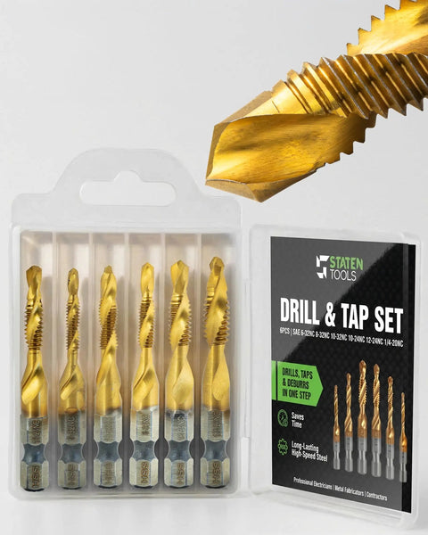 All-In-One Drill Tap Bit Set 6-Piece HSS Titanium-Coated SAE 3-In-1 Bits For Drilling Tapping And Countersinking, 1/4 Inch Hex