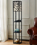 Dope Tower Floor Lamp With Shelves And USB Ports beside a leather chair, black-finish, Asian wood grain design.